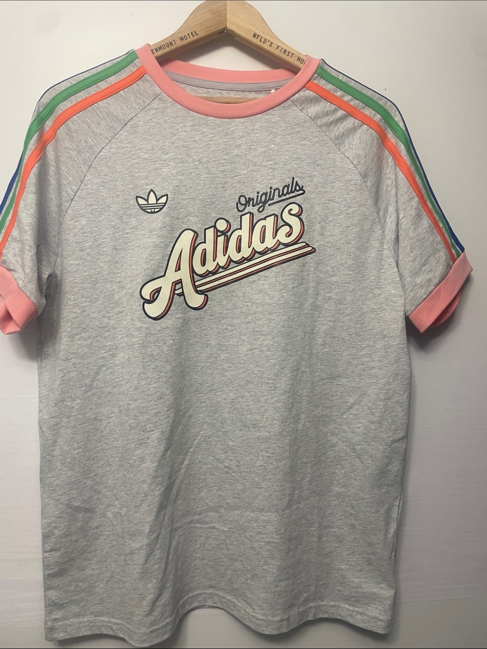 adidas Originals Light Gray Tee with Pink Trim and Rainbow Shoulder Stripes